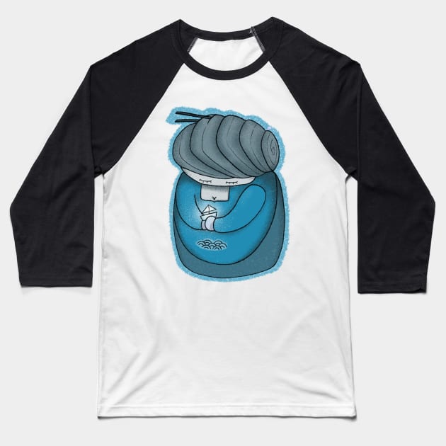 Blue Kokeshi Doll Baseball T-Shirt by MisTral